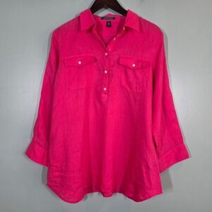Lauren Ralph Lauren Hot Pink 100% Linen Popover Blouse Tunic Shirt Womens Large